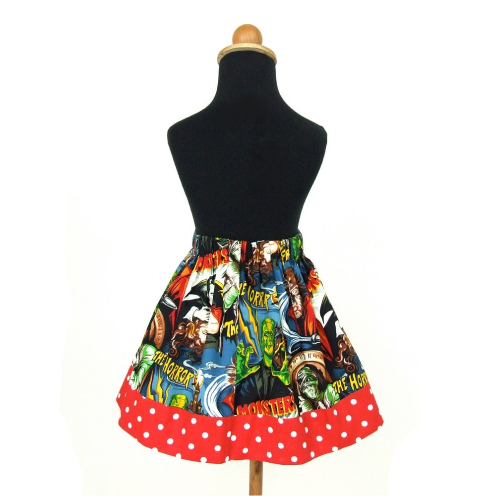 Hemet Girls Size 8 Retro Monster Print Halloween Skirt Elastic Waist A-Line